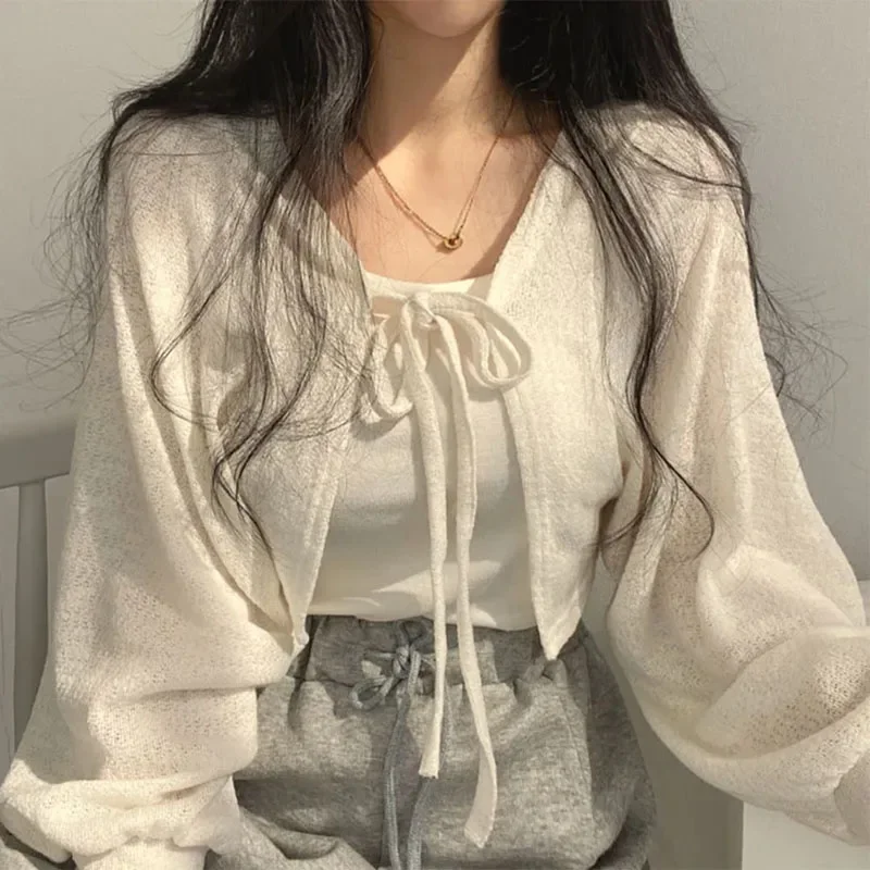 Korean Street Fashion Female - Letni damski kardigan z dzianiny Biały