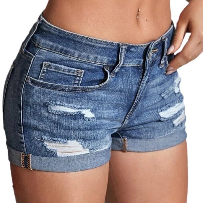 Distressed Jean Rip - Szorty jeansowe z wysokim stanem, sprane,