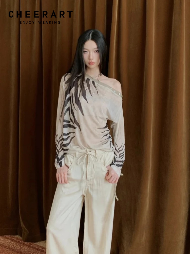 Street Fashion Fall 2025 - CHEERART Zebra Bluzki z odkrytymi ramionami,