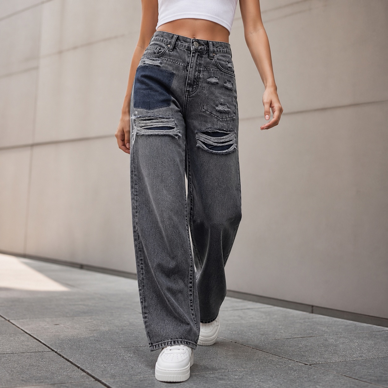 Distressed Jean Rip - Damskie jeansy z wysokim stanem, luźnego
