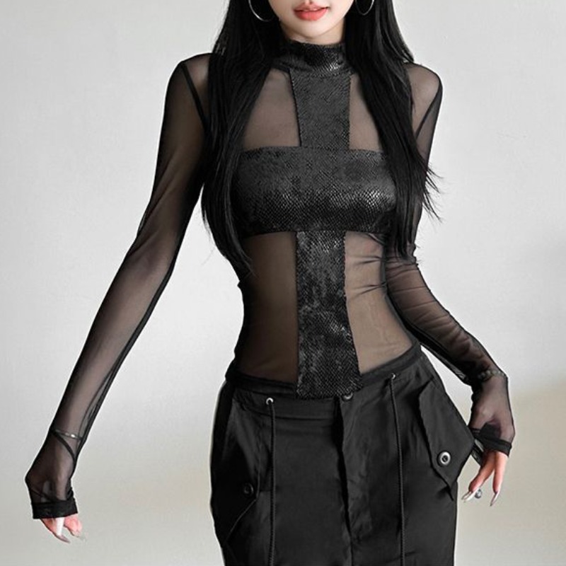 Mesh Top Layering - Damski body z długim rękawem w