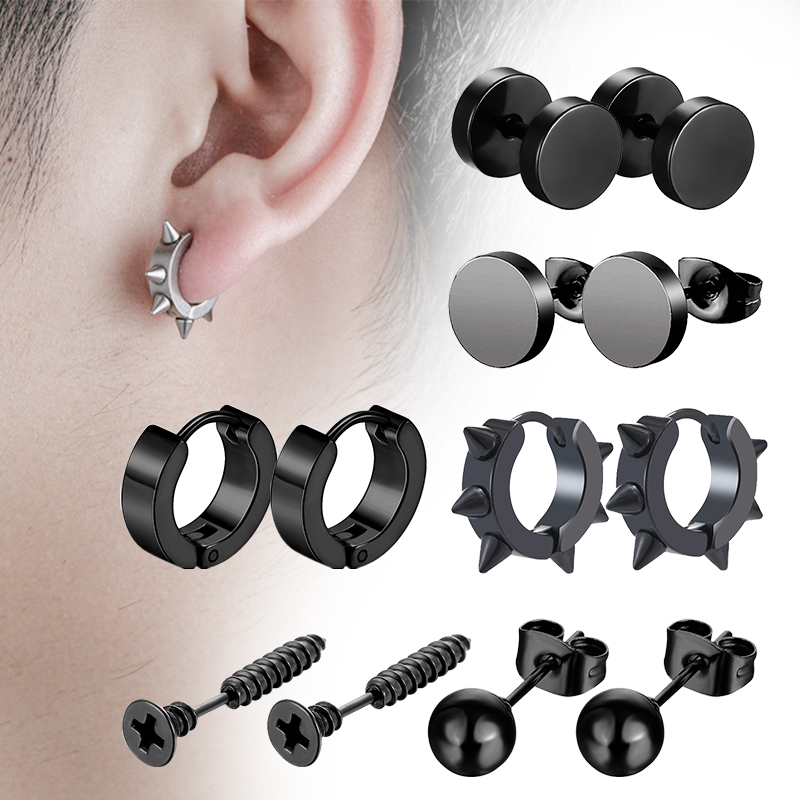 Street Fashion Earrings - 6 par czarnych kolczyków unisex Zestaw