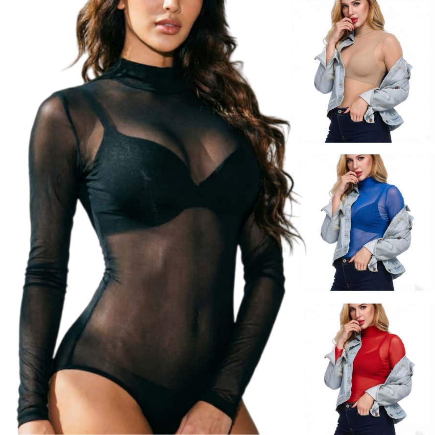 Mesh Top Layering - FREEAUCE NOWE Długie Rękawy Jednoczęściowe Przezroczyste