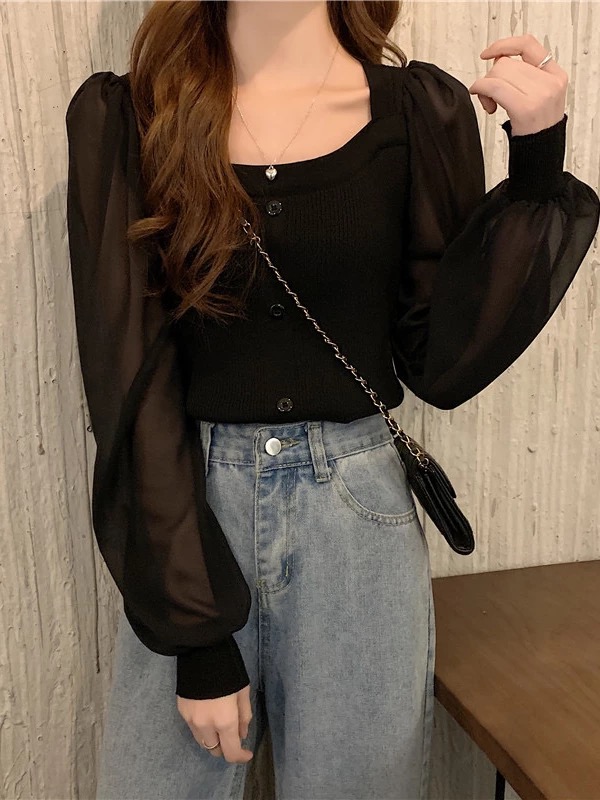 Mesh Top Layering - Modny damski sweter z długim rękawem,