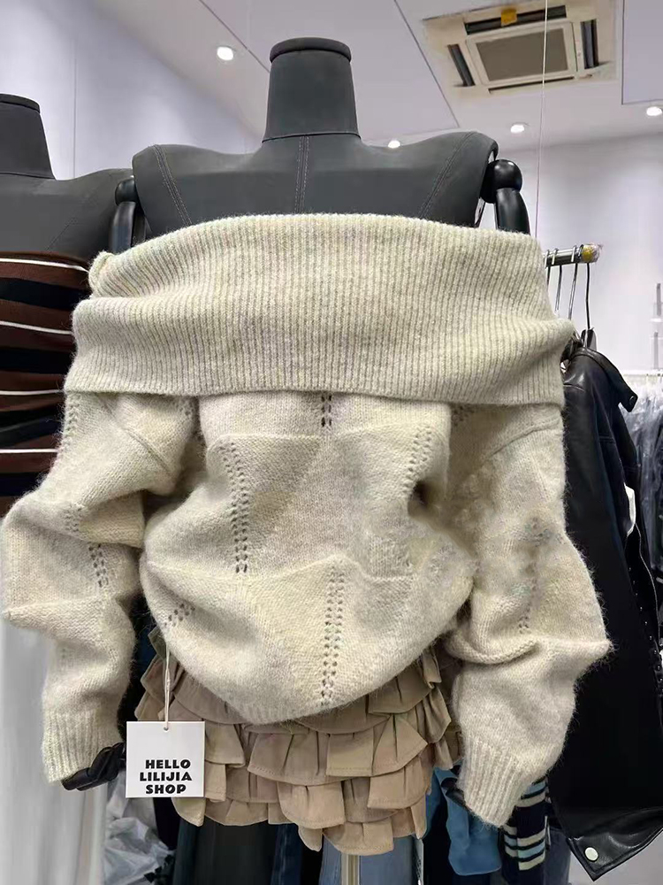 Korean Street Fashion Female - Sweter z dekoltem typu slash, dzianinowy,