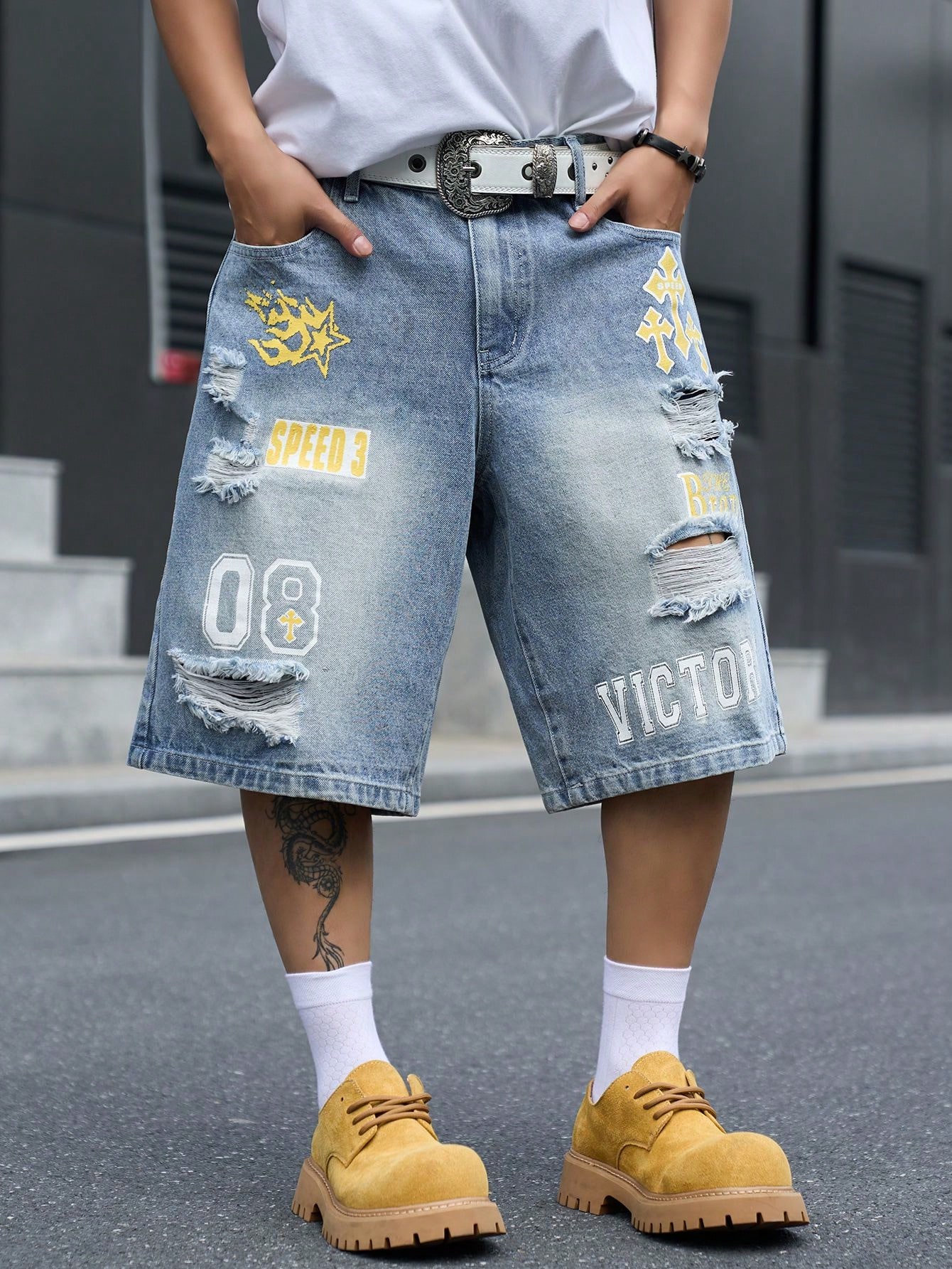 Distressed Jean Rip - Męskie luźne dżinsowe szorty bermudy, vintage'owe,